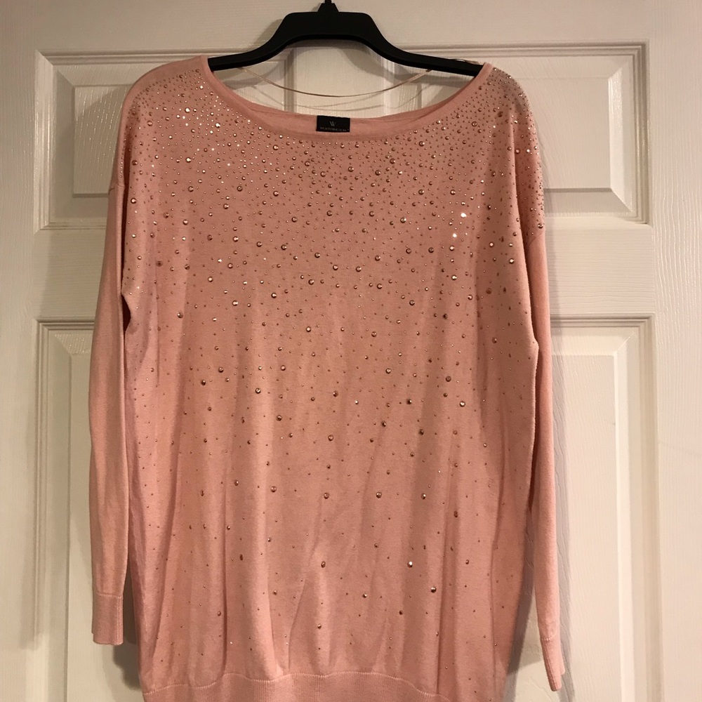 Worthington Long Sweater Blush Rose Gold stones.